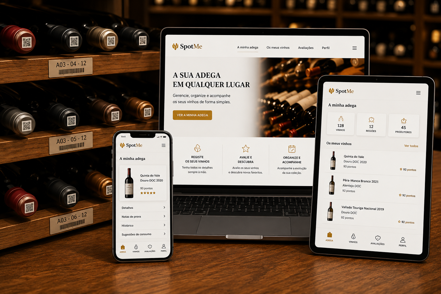 Garrafa e aplicação SpotMe com informação completa do vinho